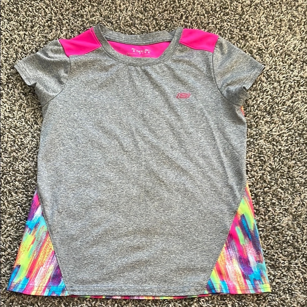Skechers Kids Gray Tee with Pink and Rainbow Accents